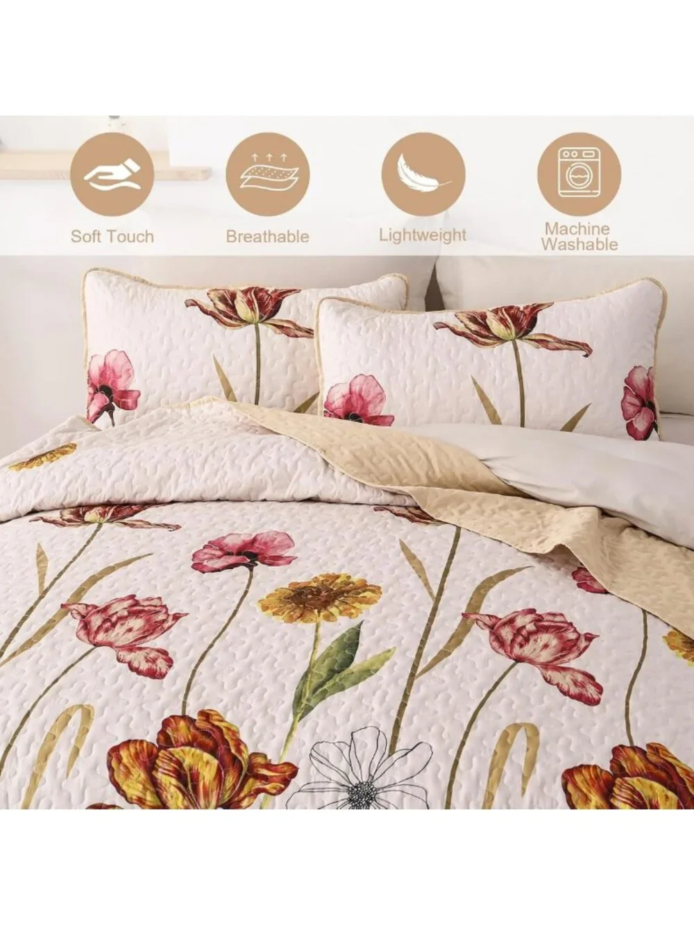 Floral Quilt Set Queen Size - 3 Piece Beige Bedspread for Cozy Bedroom Decor